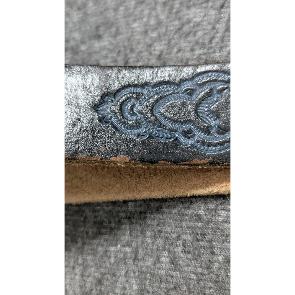VTG Leather Island Belt 36 Brown Blue Etched Western Bill Lavin Silver Buckle